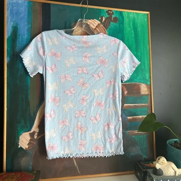 George Light Blue Top with Pink Butterfly Print Girls XL (14-16) - Picture 2 of 12